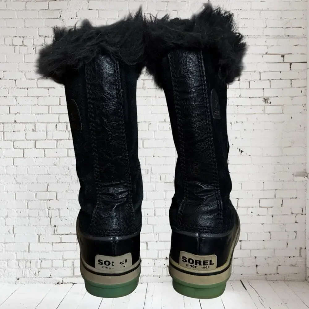 Sorel Joan of Arctic Black Boots Sz 7 Womens Cold Weather Lace Up Faux Fur‎ Trim